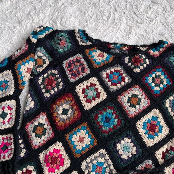 Sue Wong knit studio granny square crochet sweater fringe vintage Y2K wool L - Picture 6 of 14